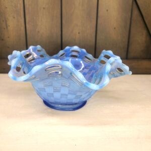 Vtg Fenton Blue Opalescent Glass Bowl w Basket Weave and Ruffled Edge